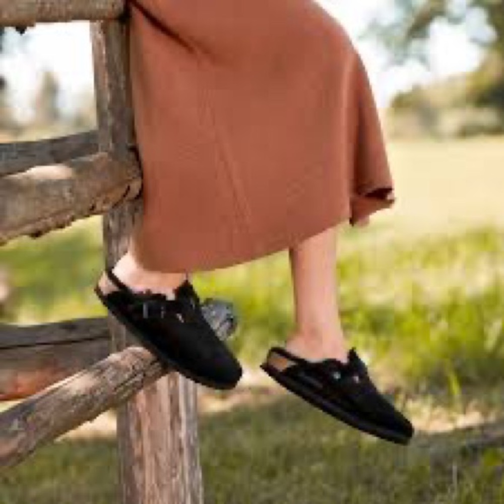 Birkenstock Black Boston Fur Shearling Suede Leather Clogs
